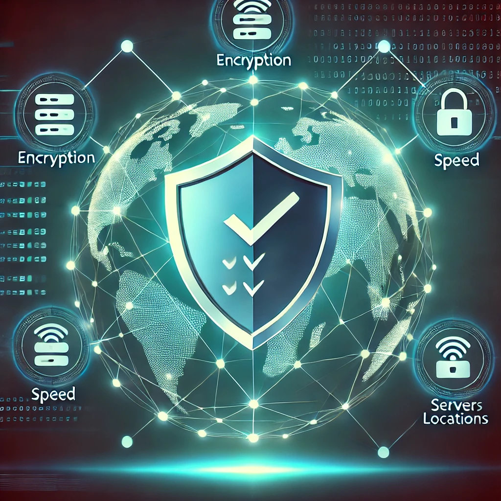 Illustration of a checklist highlighting key VPN features such as security, speed, server locations, and device compatibility next to a shield icon, with a world map background symbolizing global access and online protection.