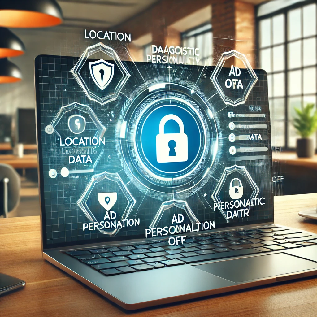 Illustration of a Windows 10 laptop showing privacy settings being adjusted, including options like disabling location tracking, diagnostic data, and ad personalization.