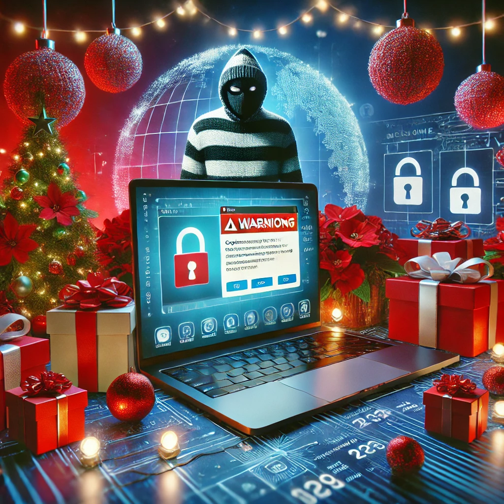 A festive-themed digital environment showing a laptop with a cybersecurity warning, surrounded by holiday decorations and a symbolic representation of online threats.