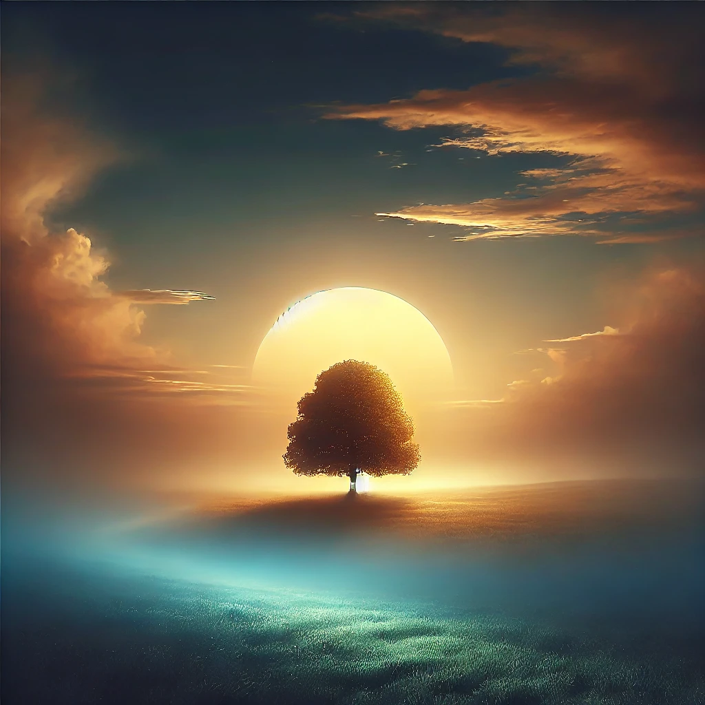 A serene landscape with a single tree under a glowing sky, symbolizing quiet strength, resilience, and authenticity.