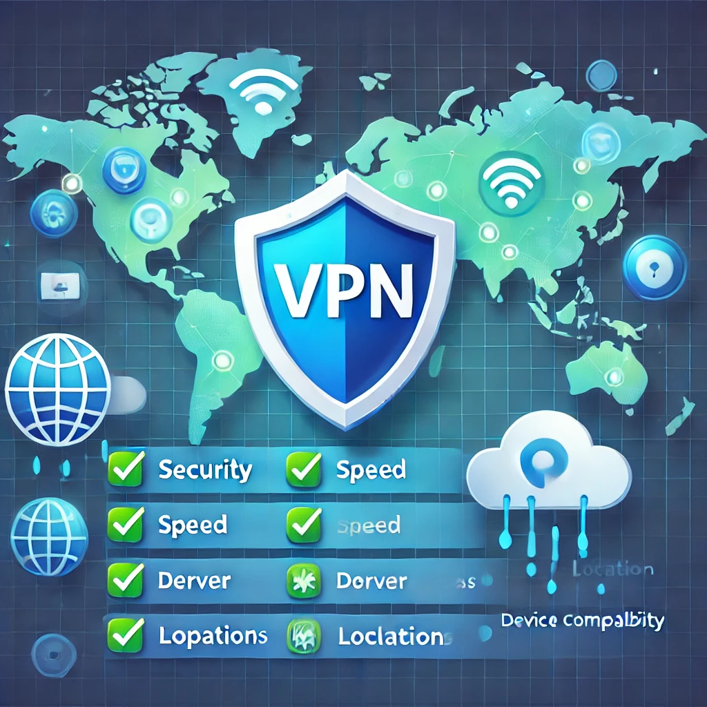 Illustration of a checklist highlighting key VPN features such as security, speed, server locations, and device compatibility next to a shield icon, with a world map background symbolizing global access and online protection.